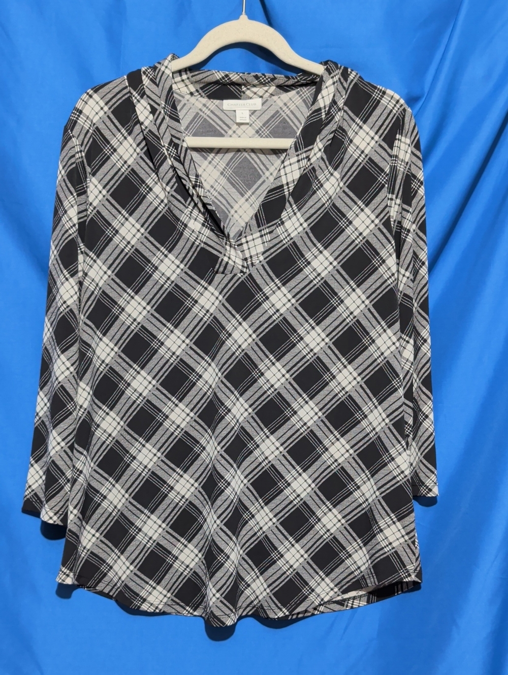 Charter Club Large Black and White Plaid V-Neck Tunic